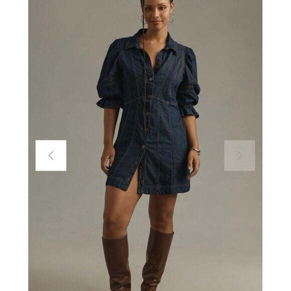 💕Anthropologie Dark Blue Denim Puff Sleeve Dress size 6 - Picture 3 of 6